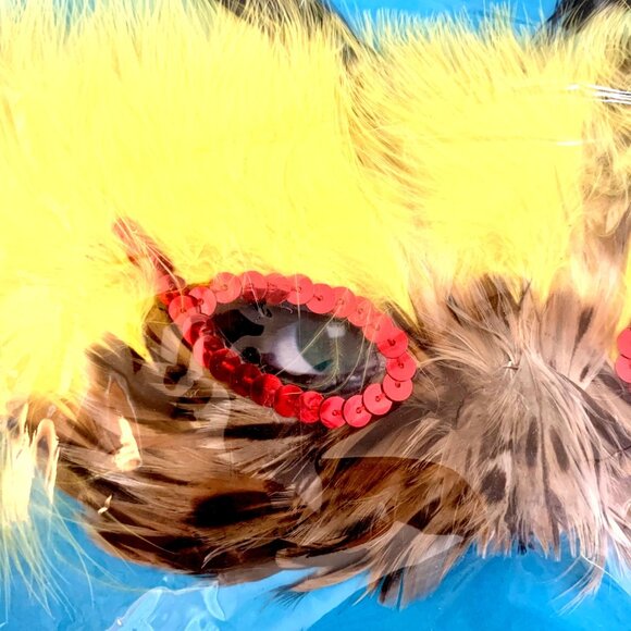 Fright Factory Feather Fantasy Mask Cosplay HalloweeRed Sequin Eyes Yellow Brown - Picture 3 of 7